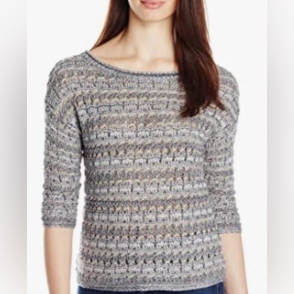 Lucky Brand  Womens Metallic 3/4 Sleeve Sweater Gray Medium Open Knit NEW 457 - Picture 1 of 5